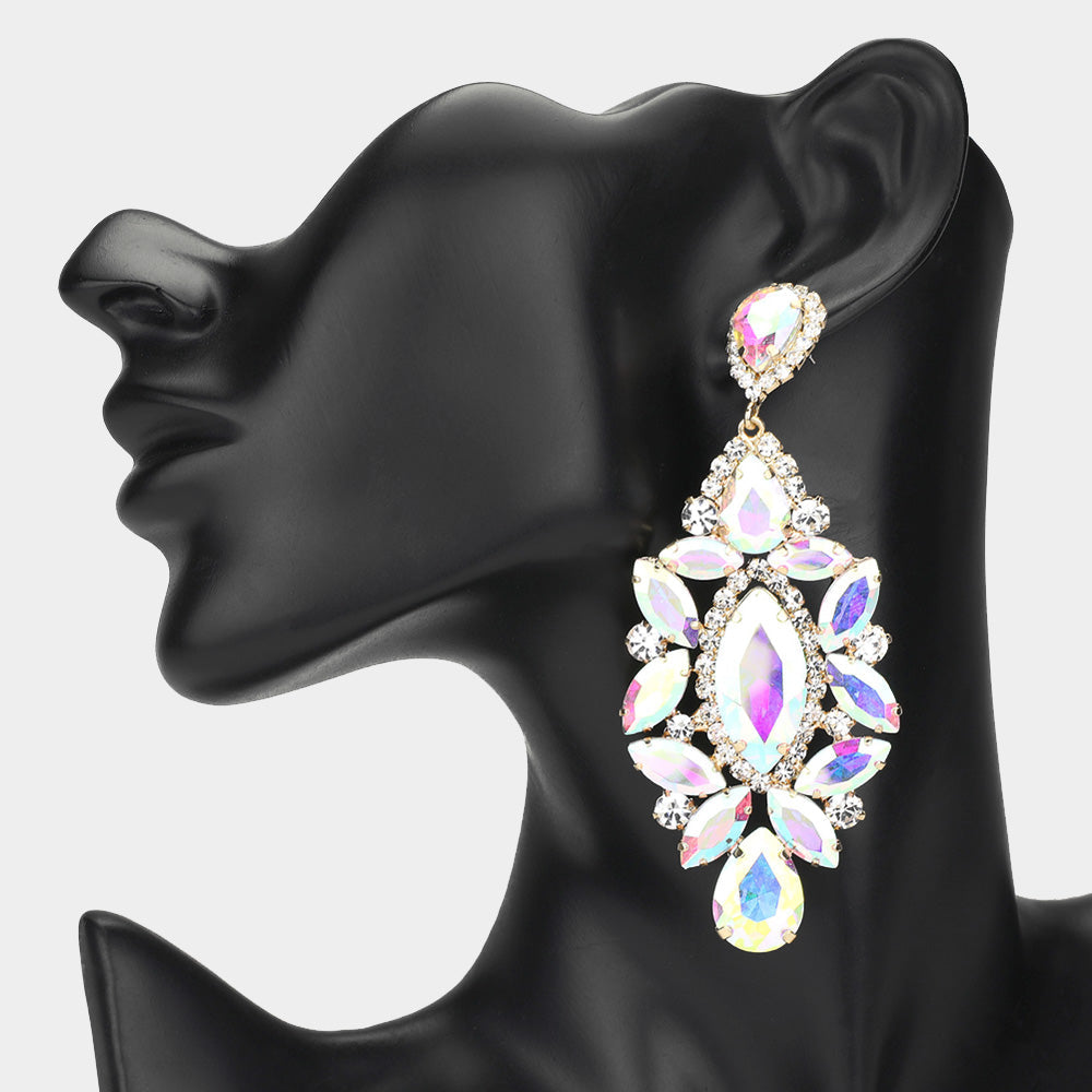 Madeline Love AB, Clear, Gold Marquise Stone Cluster Embellished Evening Earrings