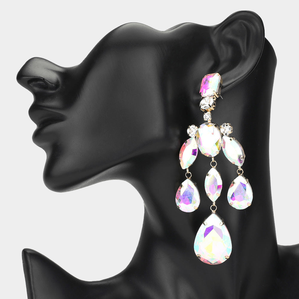 Madeline Love AB, Clear, Gold Teardrop Stone Embellished Chandelier Evening Earrings