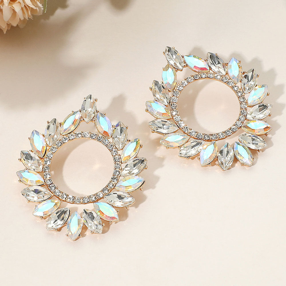 Madeline Love AB, Clear, Gold Marquise Stone Cluster Open Circle Statement Evening Earrings