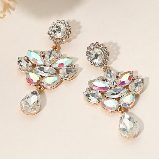 Madeline Love AB, Clear, Gold Teardrop Stone Cluster Dangle Marquise Stone Cluster Embellished Drop Evening Earrings