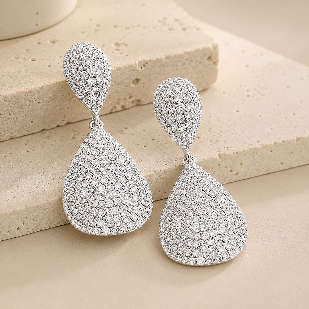Madeline Love Clear, Silver Crystal Rhinestone Pave Double Teardrop Evening Earrings