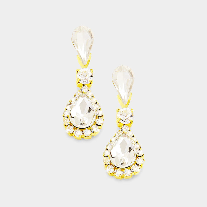Madeline Love Clear, Gold Stone Trim  Crystal Teardrop Dangle Evening Earrings
