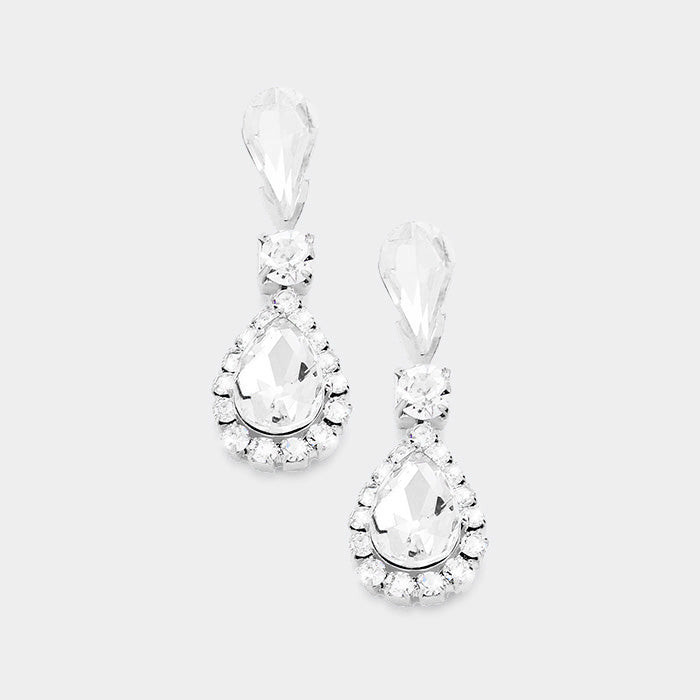 Madeline Love Clear, Silver Stone Trim  Crystal Teardrop Dangle Evening Earrings