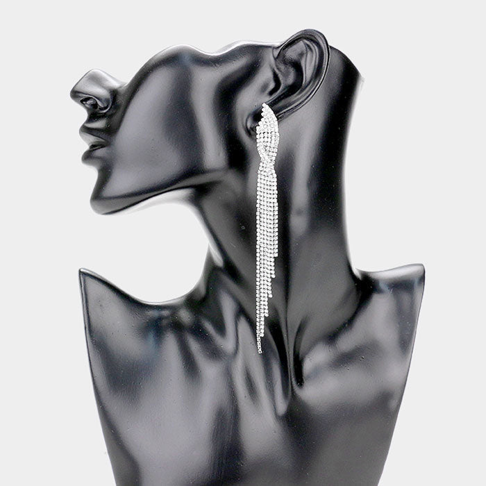 Madeline Love Clear, Silver Long Drop Twisted Rhinestone Pave Evening Earrings