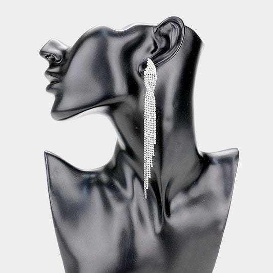 Madeline Love Clear, Silver Long Drop Twisted Rhinestone Pave Evening Earrings