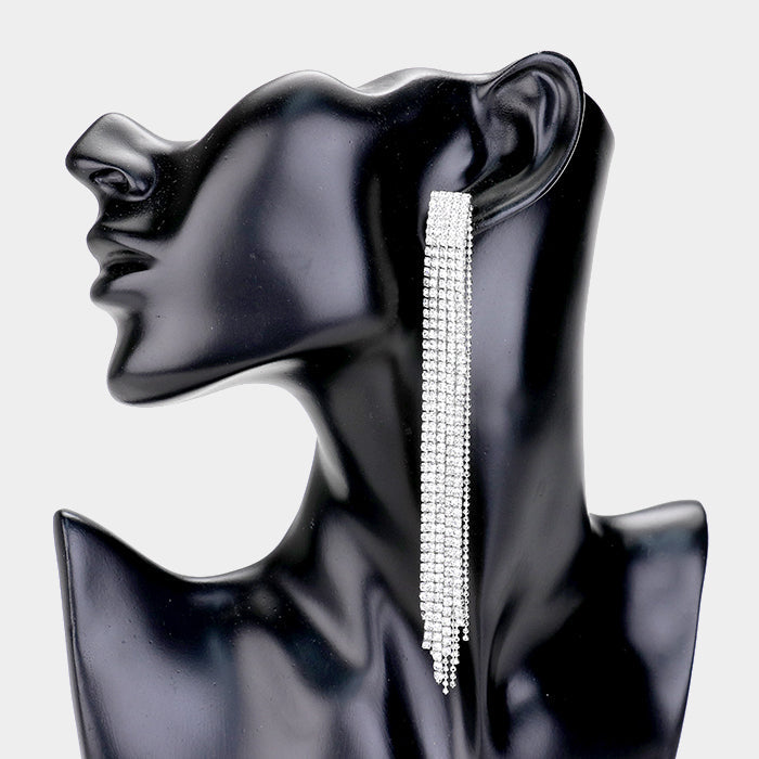 Madeline Love Clear, Silver Rhinestone Pave Long Drop Evening Earrings