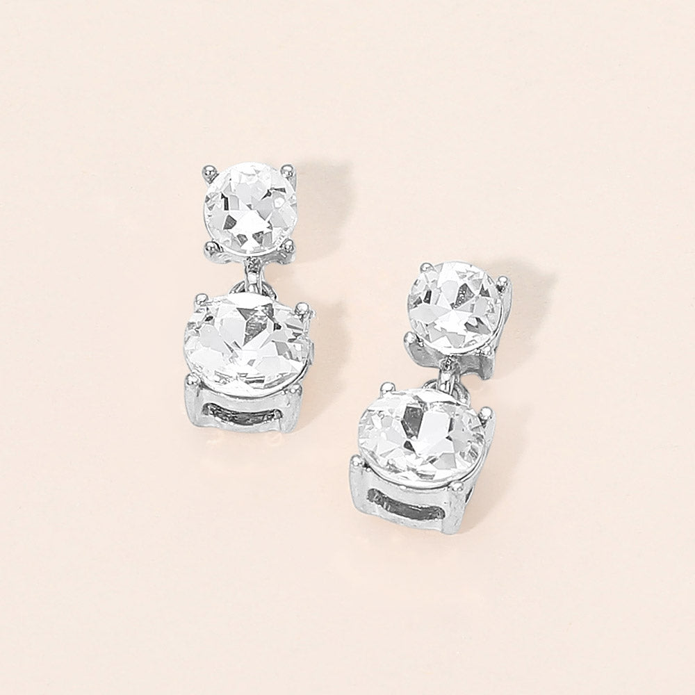 Madeline Love Clear, Rhodium Double Round Stone Drop Earrings