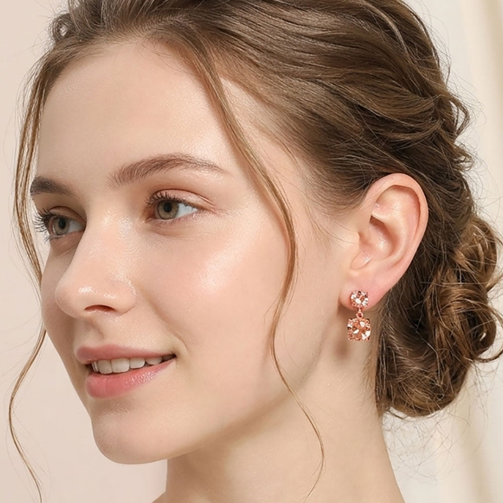 Madeline Love Peach, Rose Gold Double Round Stone Drop Earrings