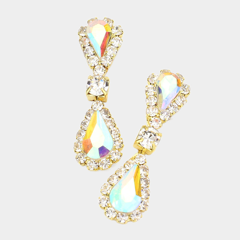 Madeline Love AB, Gold Double Teardrop Accented Rhinestone Trimmed Dangle Evening Earrings
