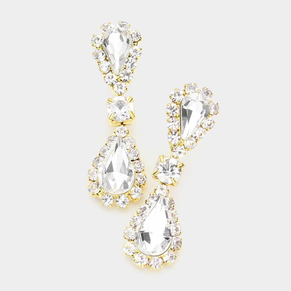 Madeline Love Gold Double Teardrop Accented Rhinestone Trimmed Dangle Evening Earrings