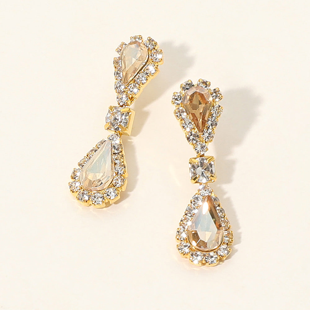 Madeline Love Gold, Lt Col Topaz Double Teardrop Accented Rhinestone Trimmed Dangle Evening Earrings