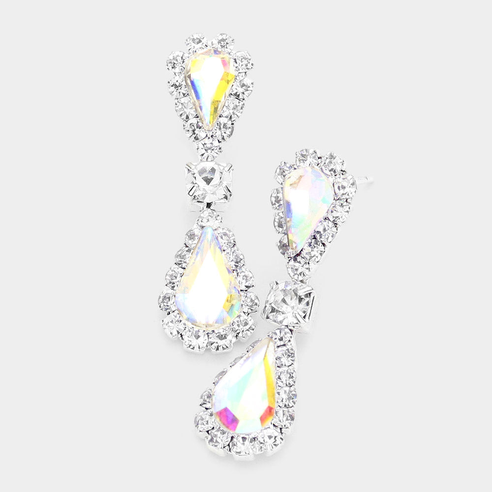 Madeline Love AB, Silver Double Teardrop Accented Rhinestone Trimmed Dangle Evening Earrings