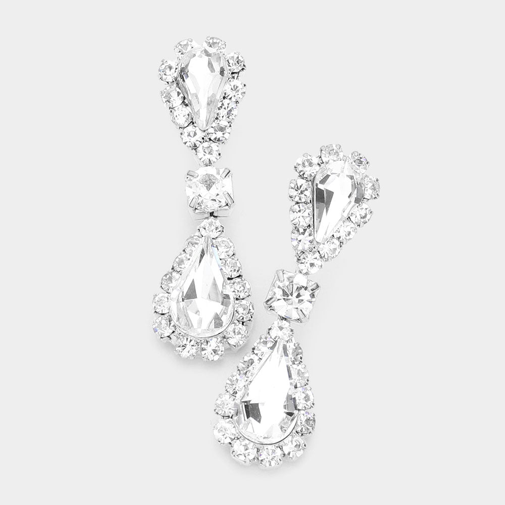 Madeline Love Silver Double Teardrop Accented Rhinestone Trimmed Dangle Evening Earrings