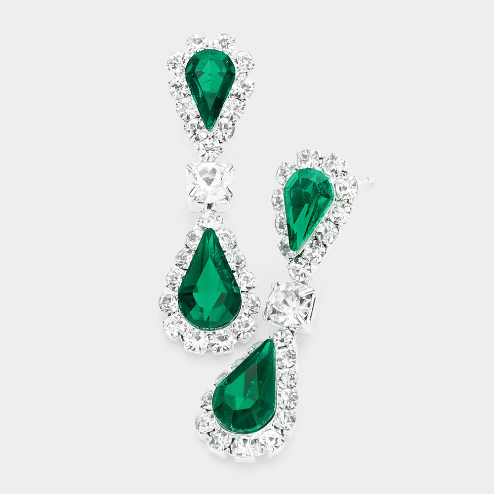 Madeline Love Emerald, Silver Double Teardrop Accented Rhinestone Trimmed Dangle Evening Earrings