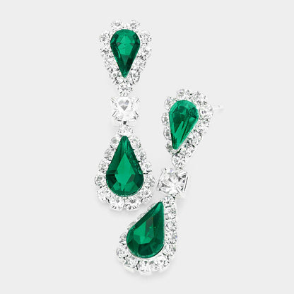 Madeline Love Emerald, Silver Double Teardrop Accented Rhinestone Trimmed Dangle Evening Earrings