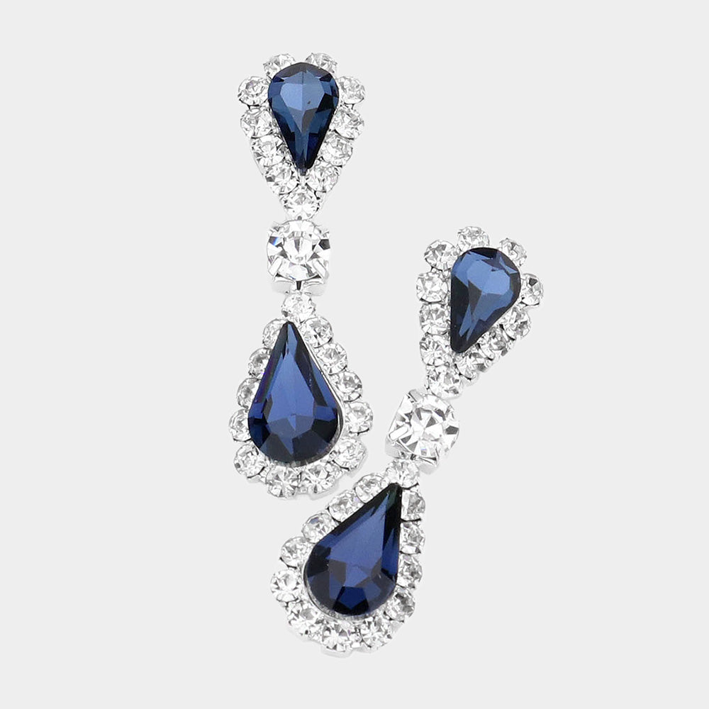 Madeline Love Montana Blue, Silver Double Teardrop Accented Rhinestone Trimmed Dangle Evening Earrings