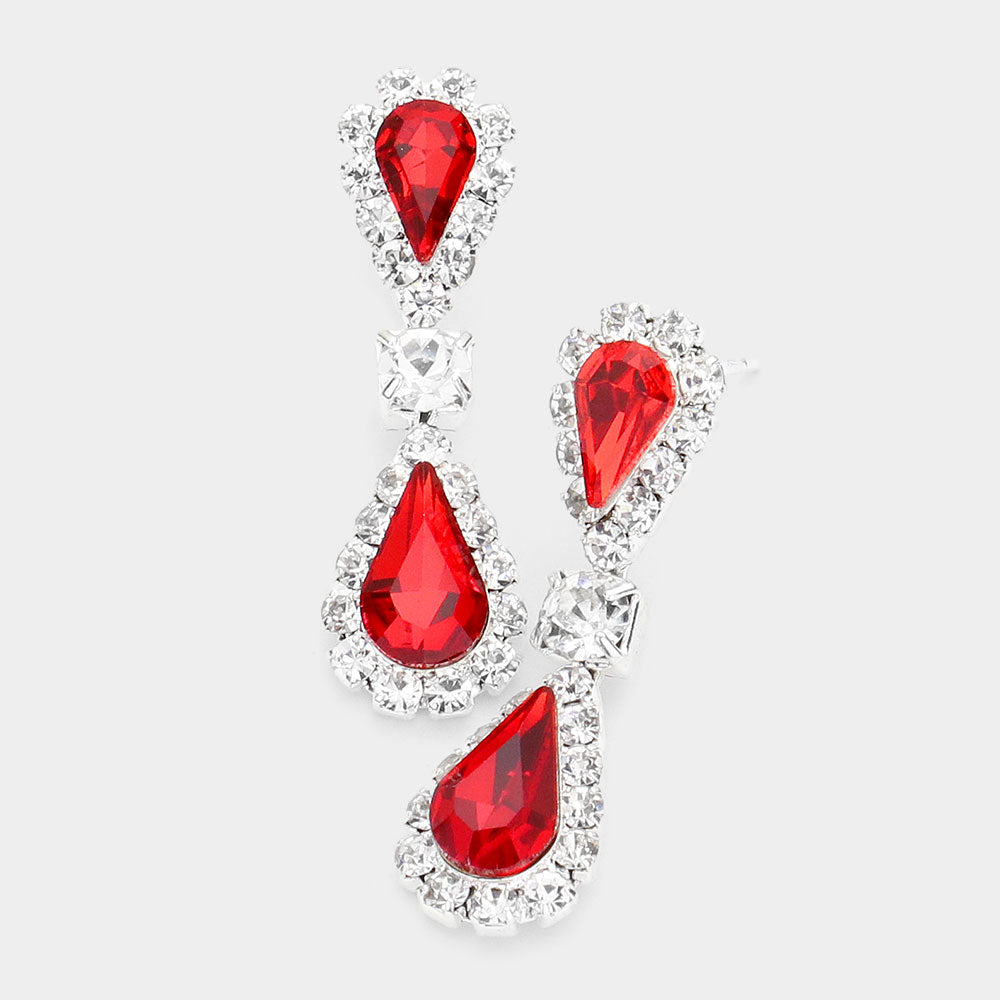 Madeline Love Red, Silver Double Teardrop Accented Rhinestone Trimmed Dangle Evening Earrings