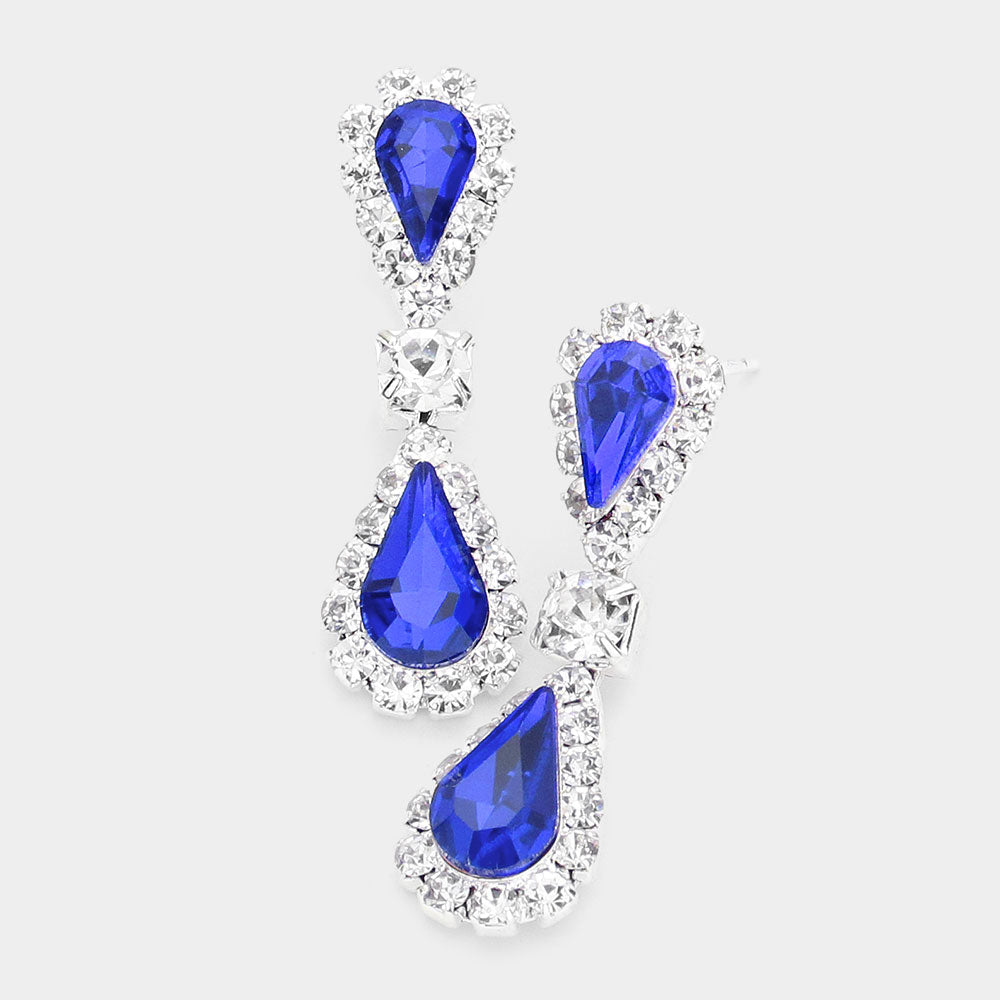 Madeline Love Sapphire, Silver Double Teardrop Accented Rhinestone Trimmed Dangle Evening Earrings