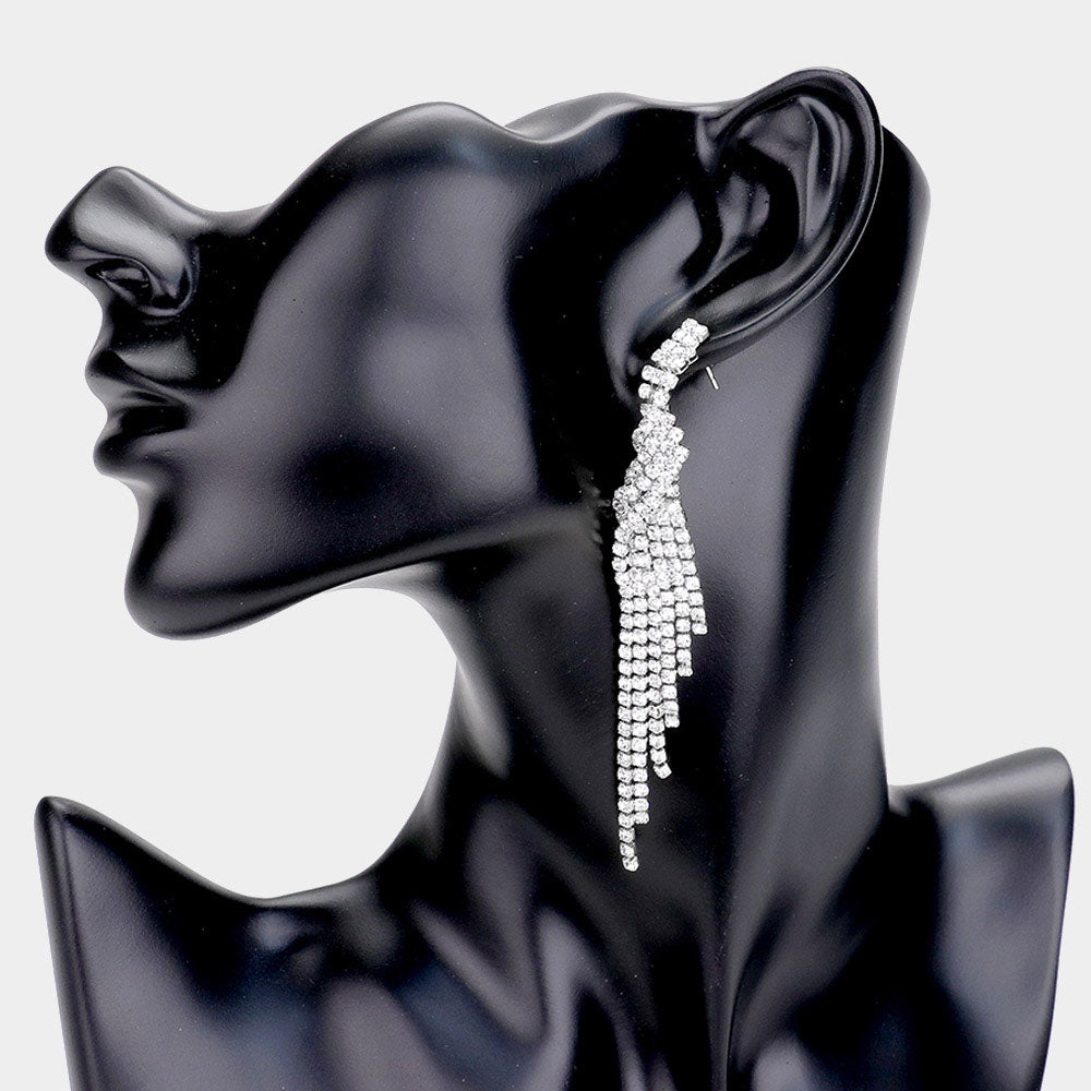 Madeline Love Clear, Silver Rhinestone Pave Fringe Drop Evening Earrings
