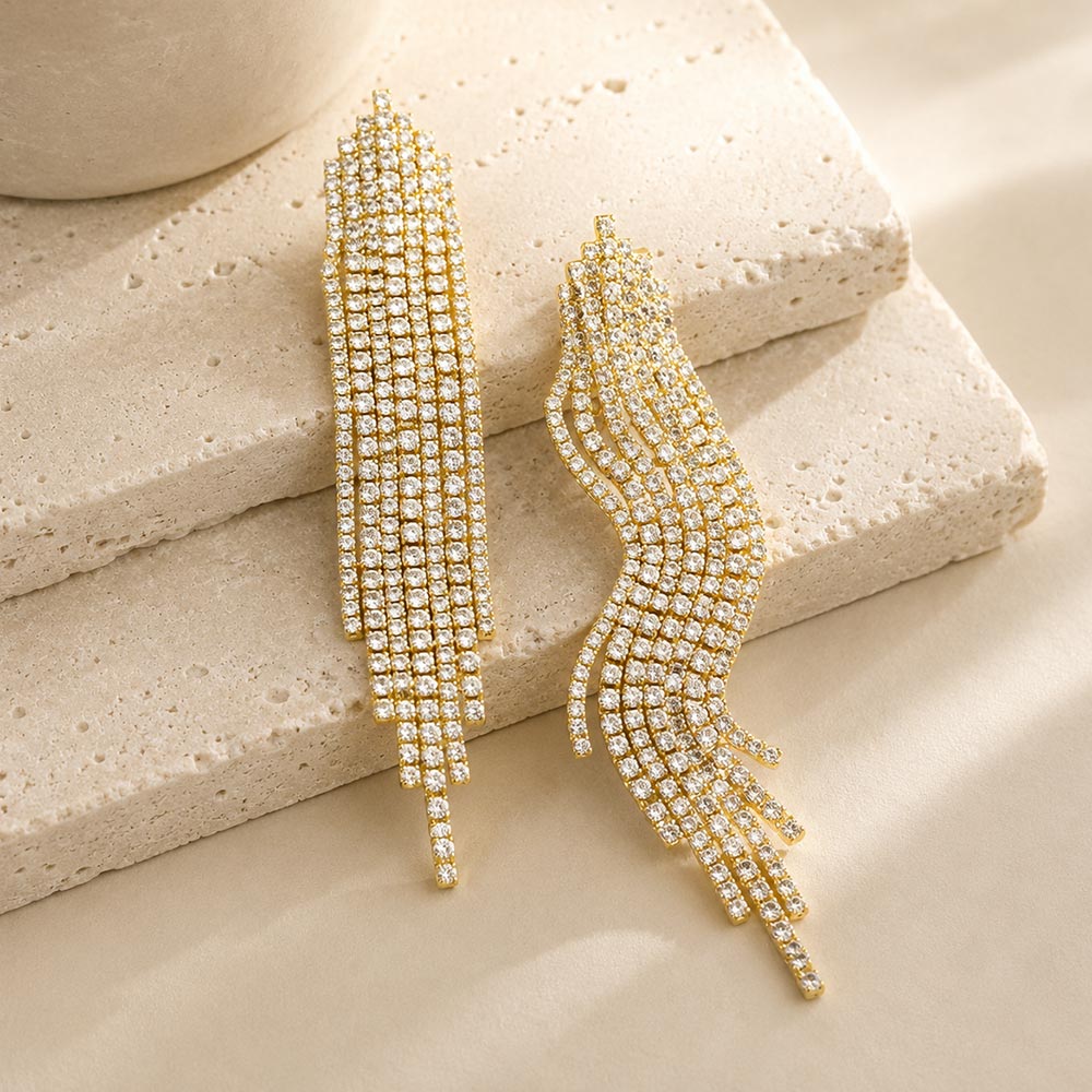 Madeline Love Clear, Gold Crystal Rhinestone Statement Fringe Drop Evening Earrings