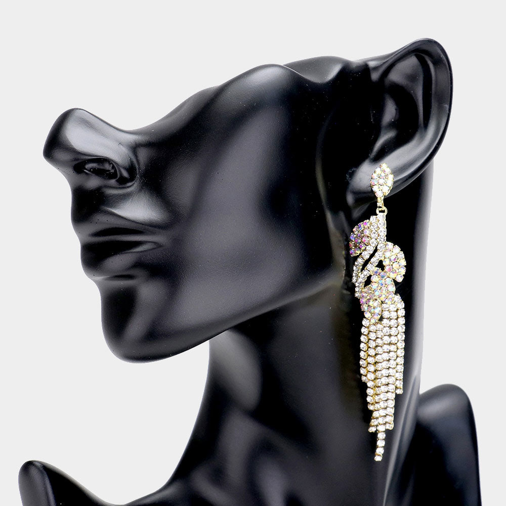 Madeline Love AB, Gold Rhinestone Crystal Leaf Drop Evening Earrings