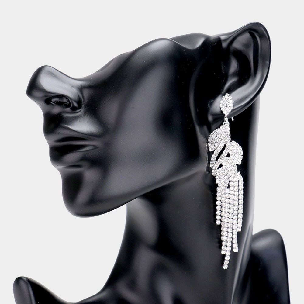 Madeline Love Clear, Silver Rhinestone Crystal Leaf Drop Evening Earrings