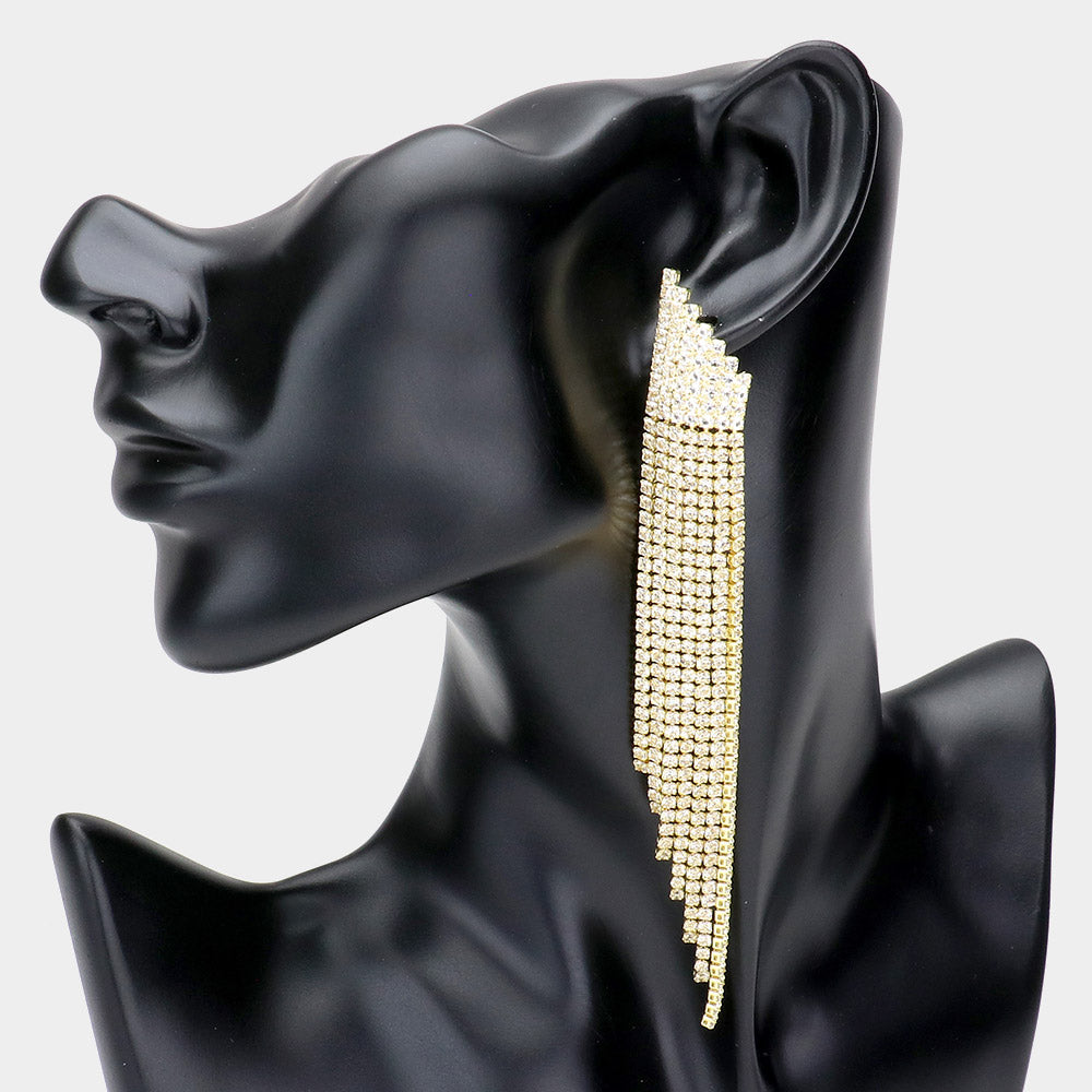 Madeline Love Gold Rhinestone Fringe Long Drop Evening Earrings