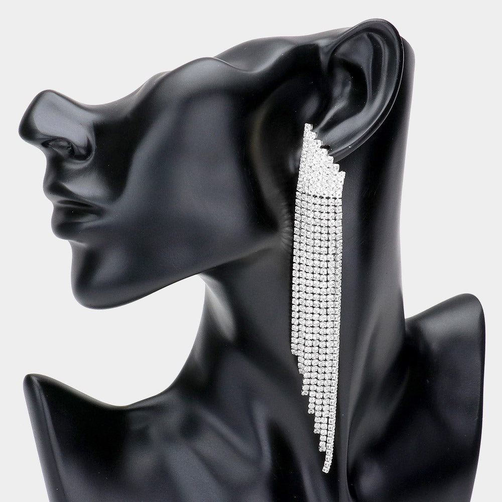 Madeline Love Silver Rhinestone Fringe Long Drop Evening Earrings