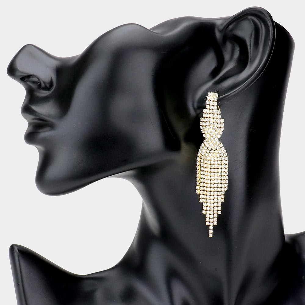 Madeline Love Gold Rhinestone Pave Fringe Dangle Evening Earrings