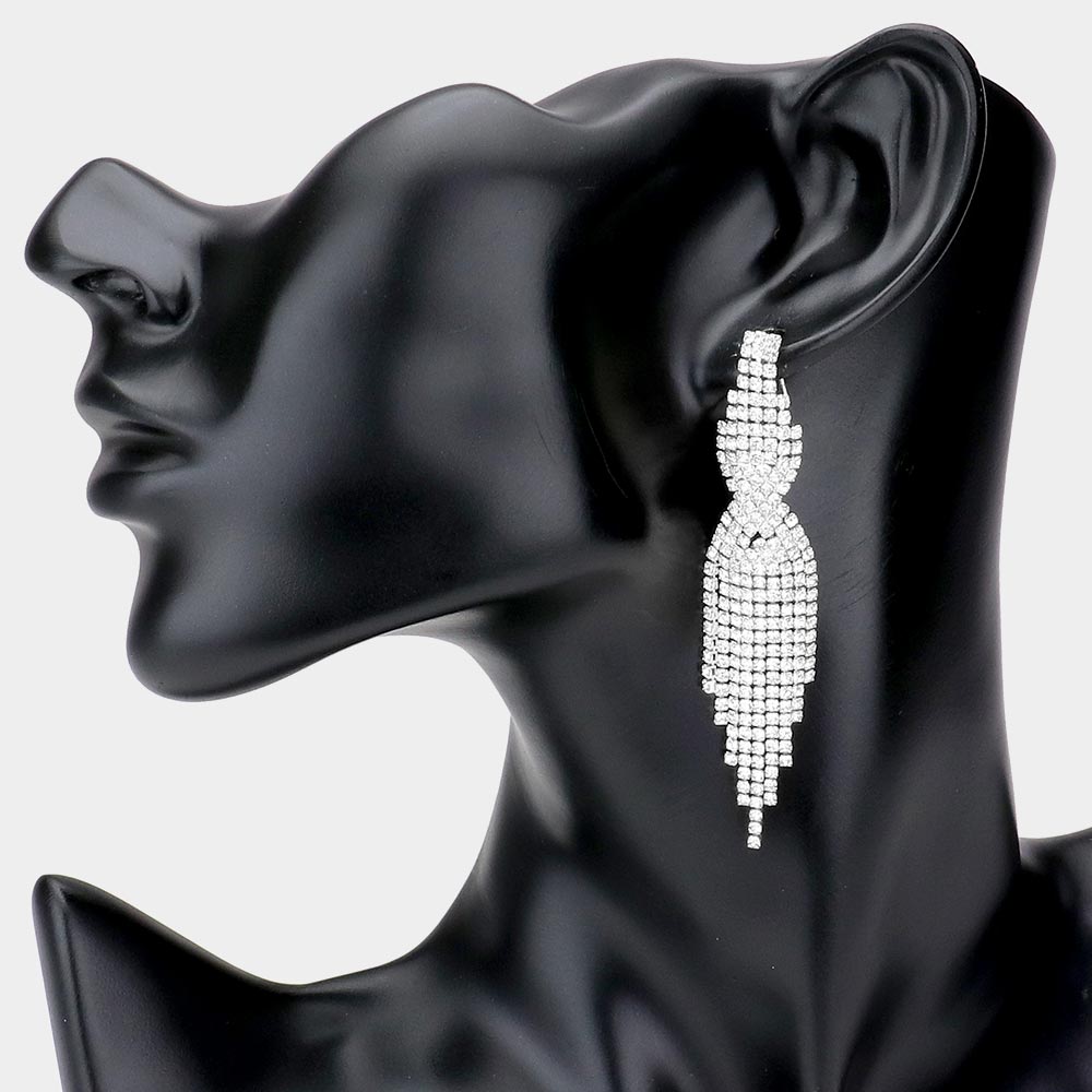 Madeline Love Silver Rhinestone Pave Fringe Dangle Evening Earrings