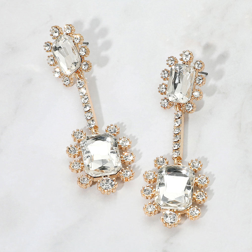 Madeline Love Gold Double Emerald Cut Stone Accented Dangle Evening Earrings