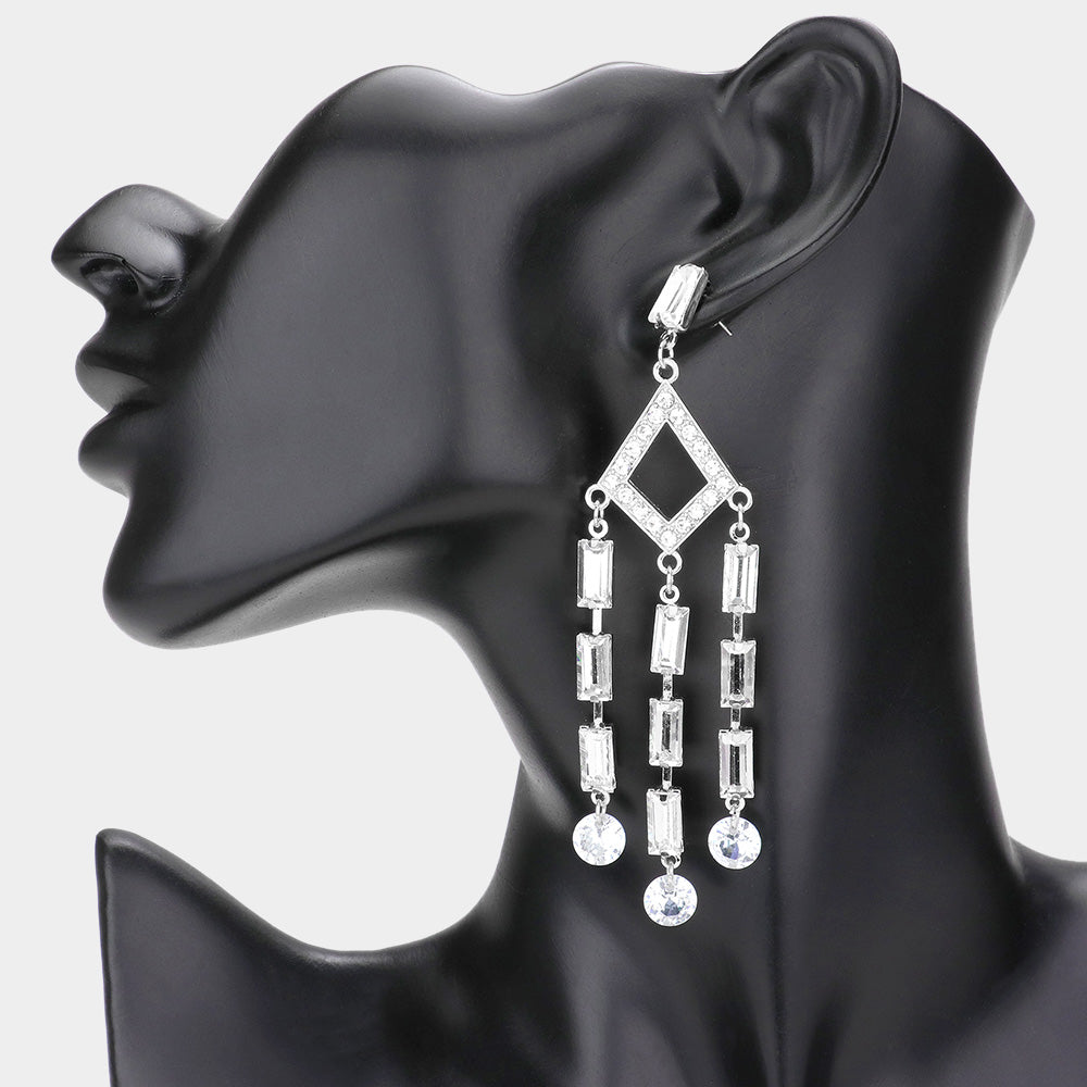 Madeline Love Rhodium Baguette Round Stone Link Dangle Evening Earrings