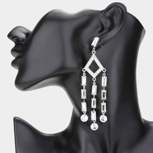 Madeline Love Rhodium Baguette Round Stone Link Dangle Evening Earrings
