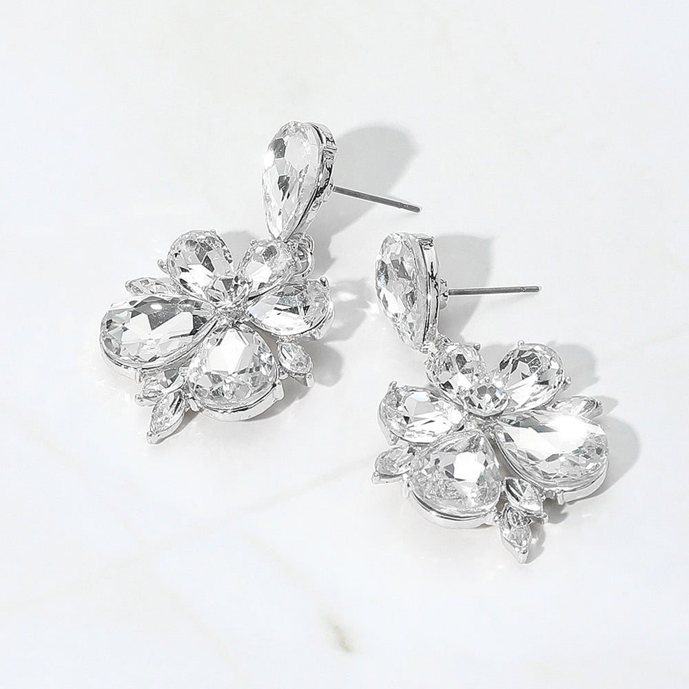 Madeline Love Clear, Silver Teardrop Stone Flower Dangle Evening Earrings