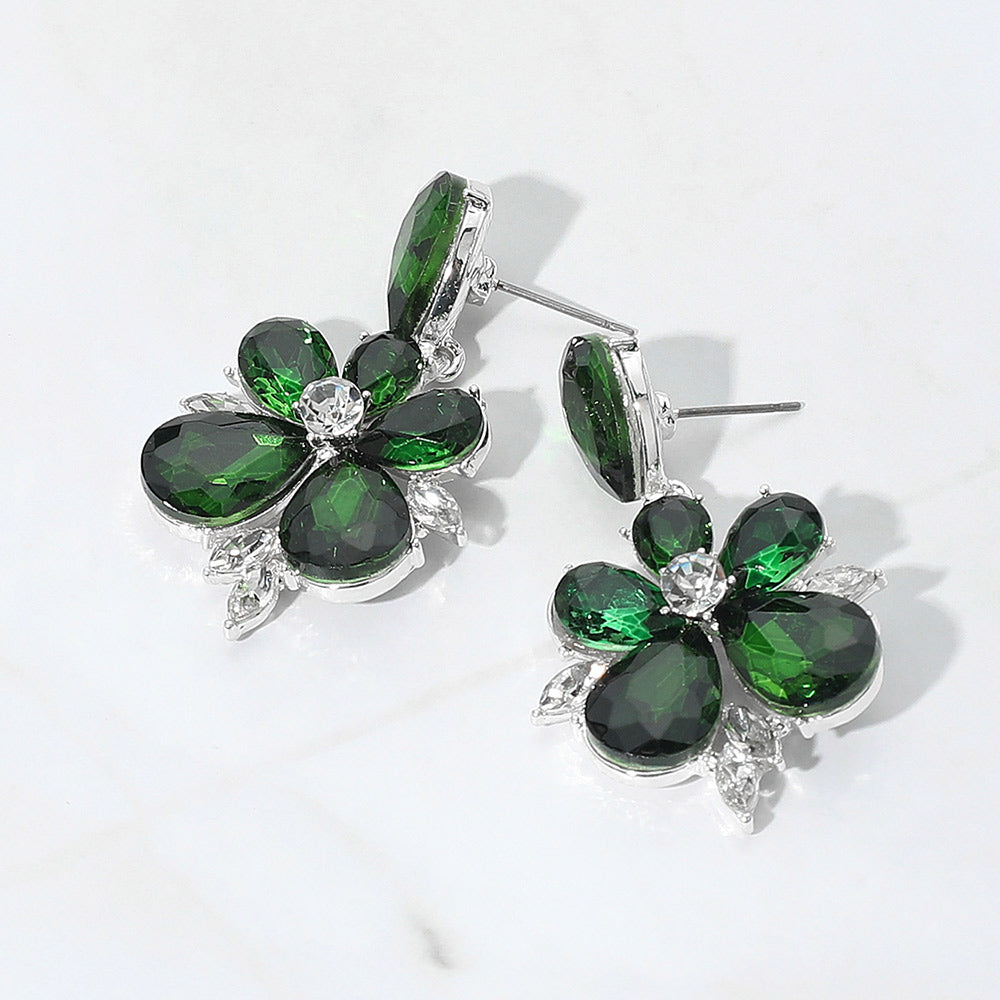 Madeline Love Emerald, Silver Teardrop Stone Flower Dangle Evening Earrings