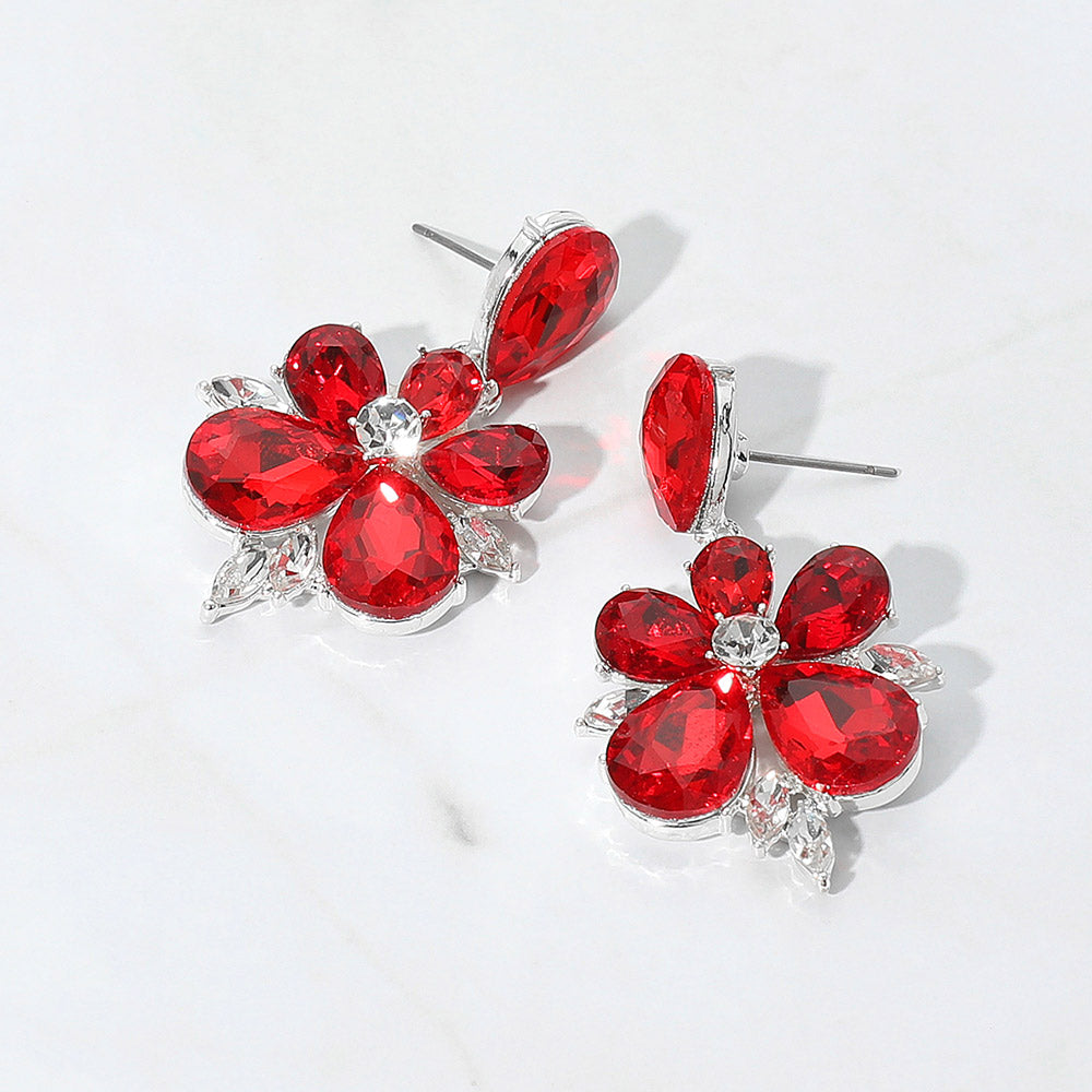 Madeline Love Red, Silver Teardrop Stone Flower Dangle Evening Earrings