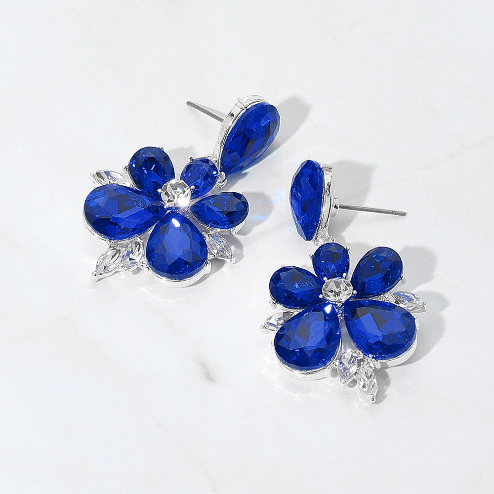 Madeline Love Sapphire, Silver Teardrop Stone Flower Dangle Evening Earrings