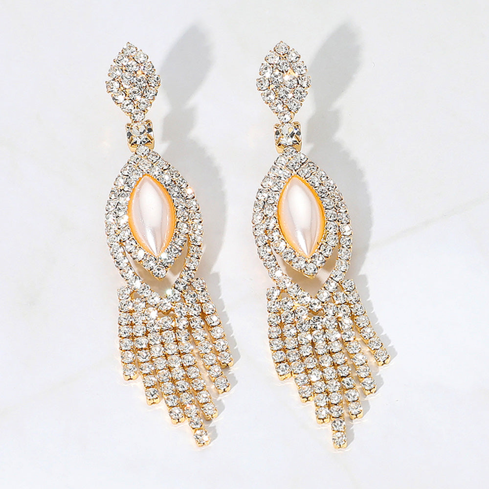 Madeline Love Cream, Gold Marquise Pearl Pointed Rhinestone Paved Fringe Dangle Earrings