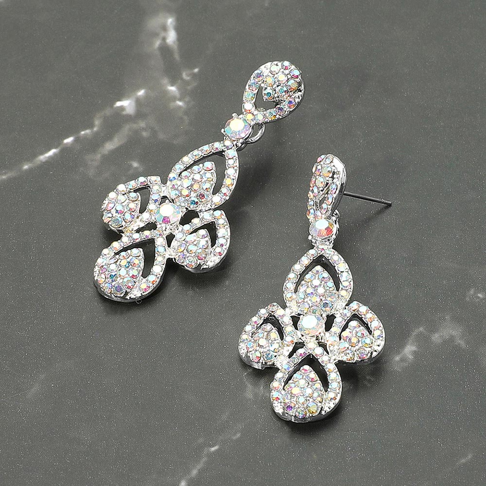 Madeline Love AB, Silver Rhinestone Paved Abstract Dangle Evening Earrings