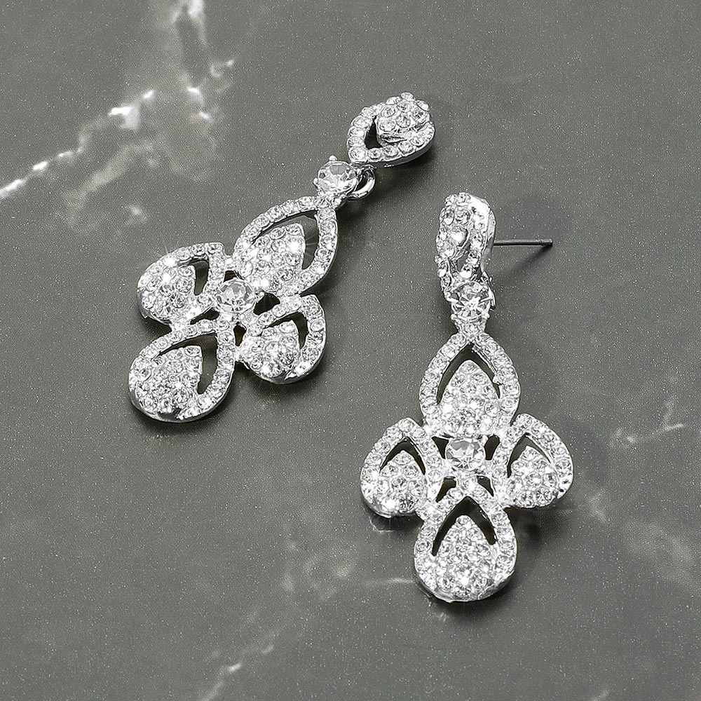 Madeline Love Clear, Silver Rhinestone Paved Abstract Dangle Evening Earrings