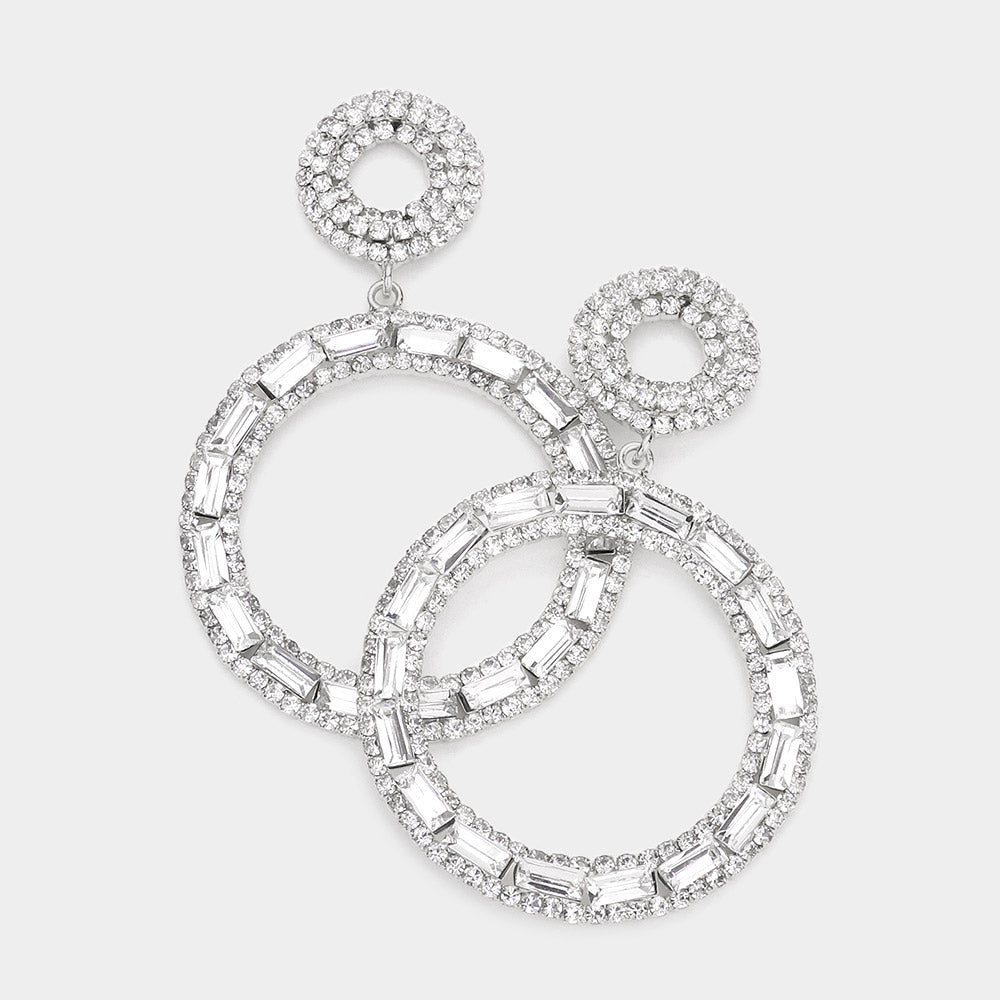 Madeline Love Silver Rectangle Stone Accented Double Open Circle Link Dangle Evening Earrings
