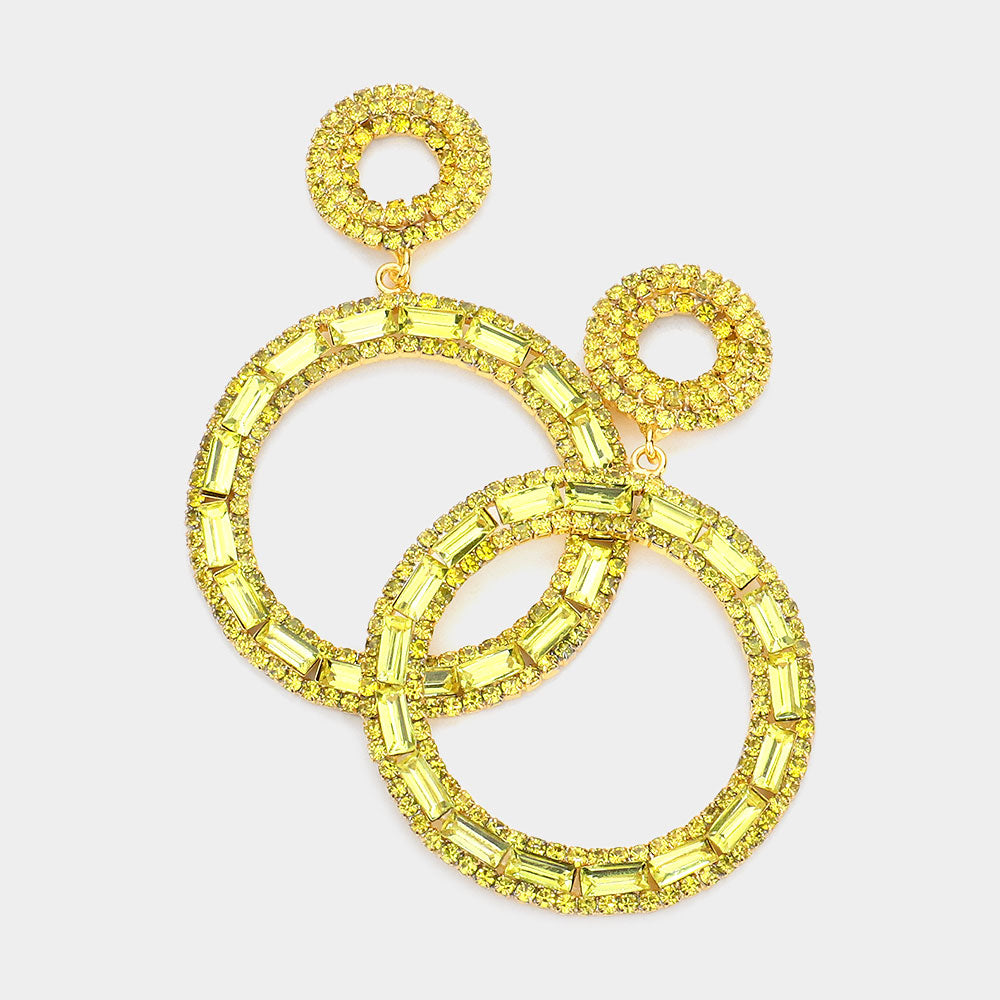 Madeline Love Yellow Rectangle Stone Accented Double Open Circle Link Dangle Evening Earrings