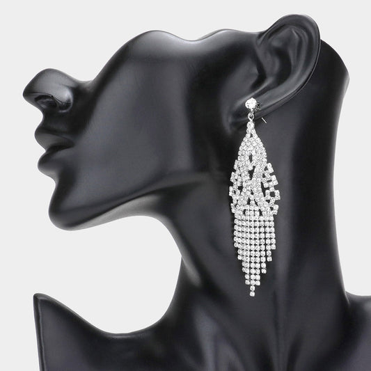 Madeline Love Silver Stone Pave Fringe Evening Earrings