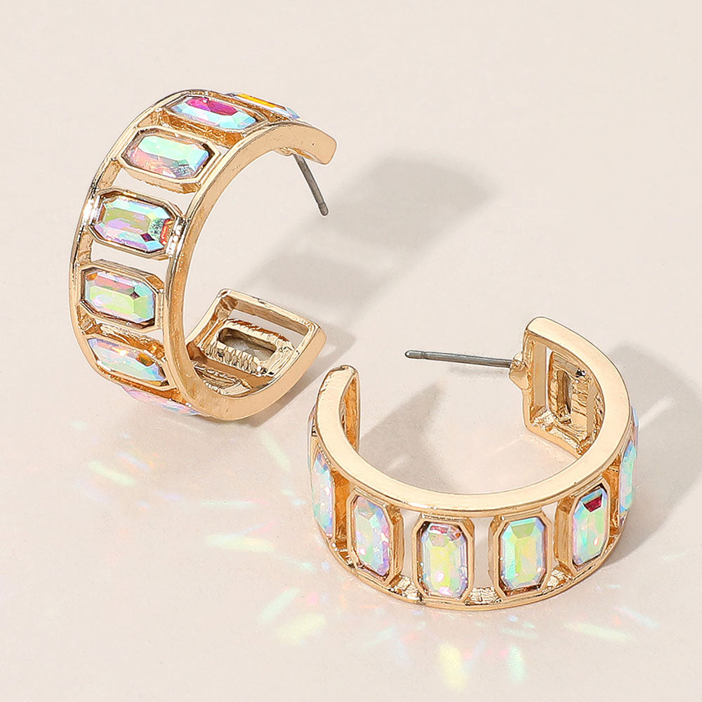 Madeline Love AB, Gold Rectangular Faceted Stone Around Hoop Earrings