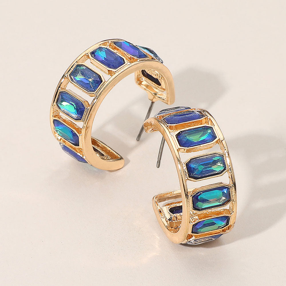 Madeline Love Blue, Dark, Gold Rectangular Faceted Stone Around Hoop Earrings