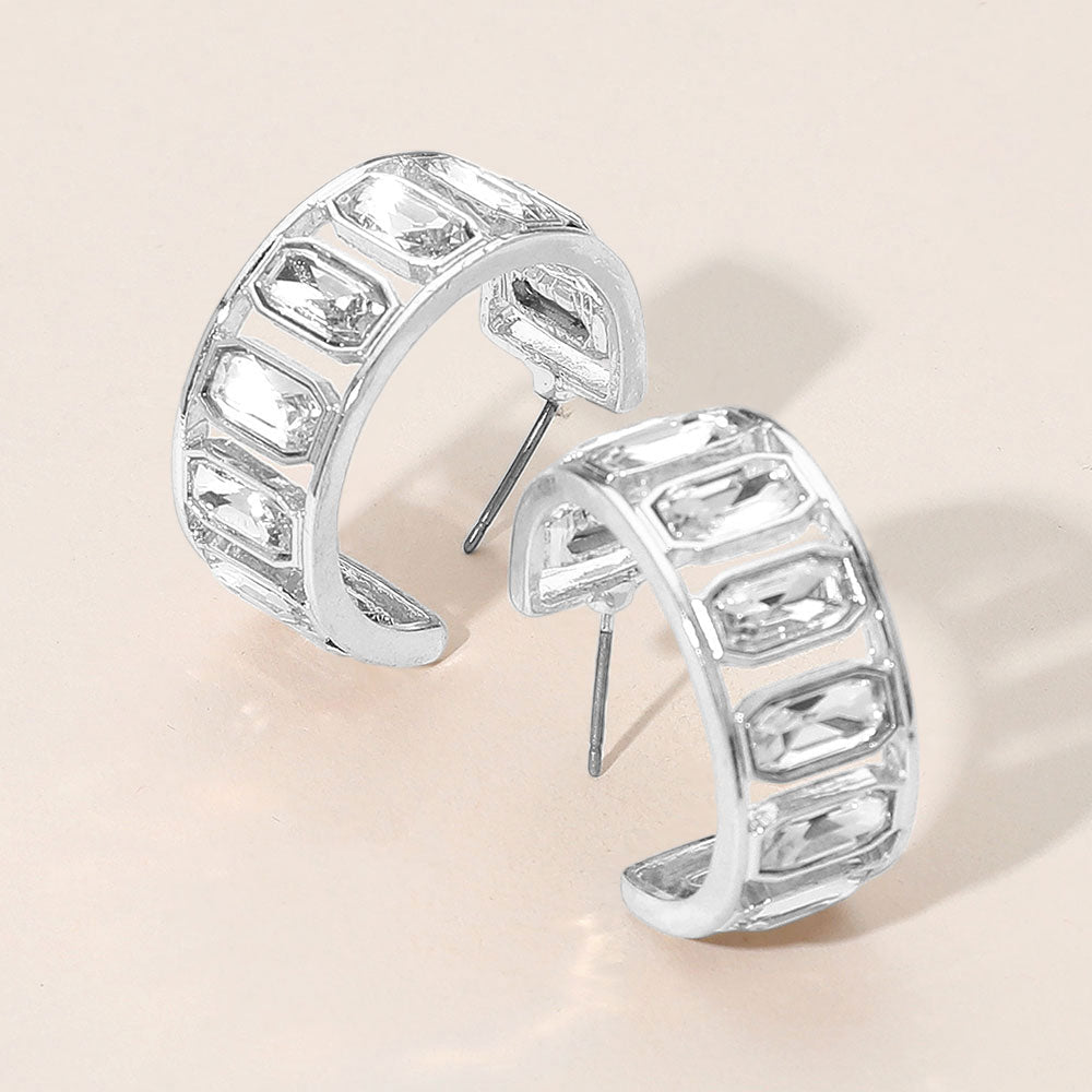 Madeline Love Clear, Silver Rectangular Faceted Stone Around Hoop Earrings