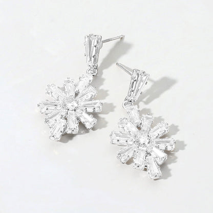 Madeline Love Clear, Silver Flower CZ Stone Cluster Dangle Evening Earrings