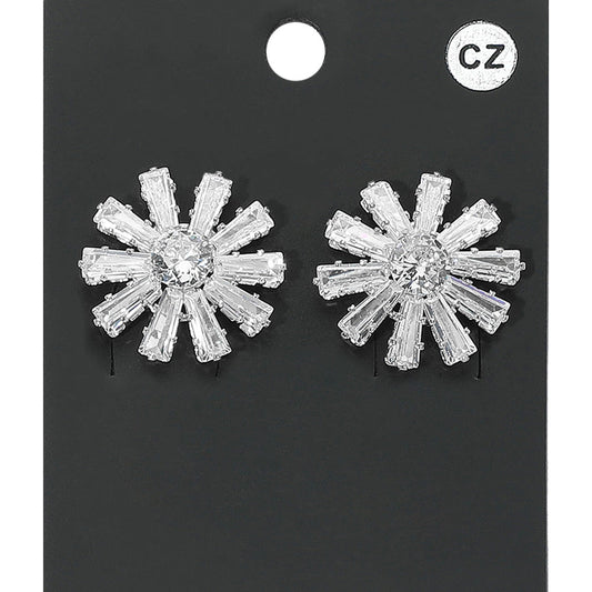 Madeline Love Clear, Silver Flower CZ Stone Stud Evening Earrings