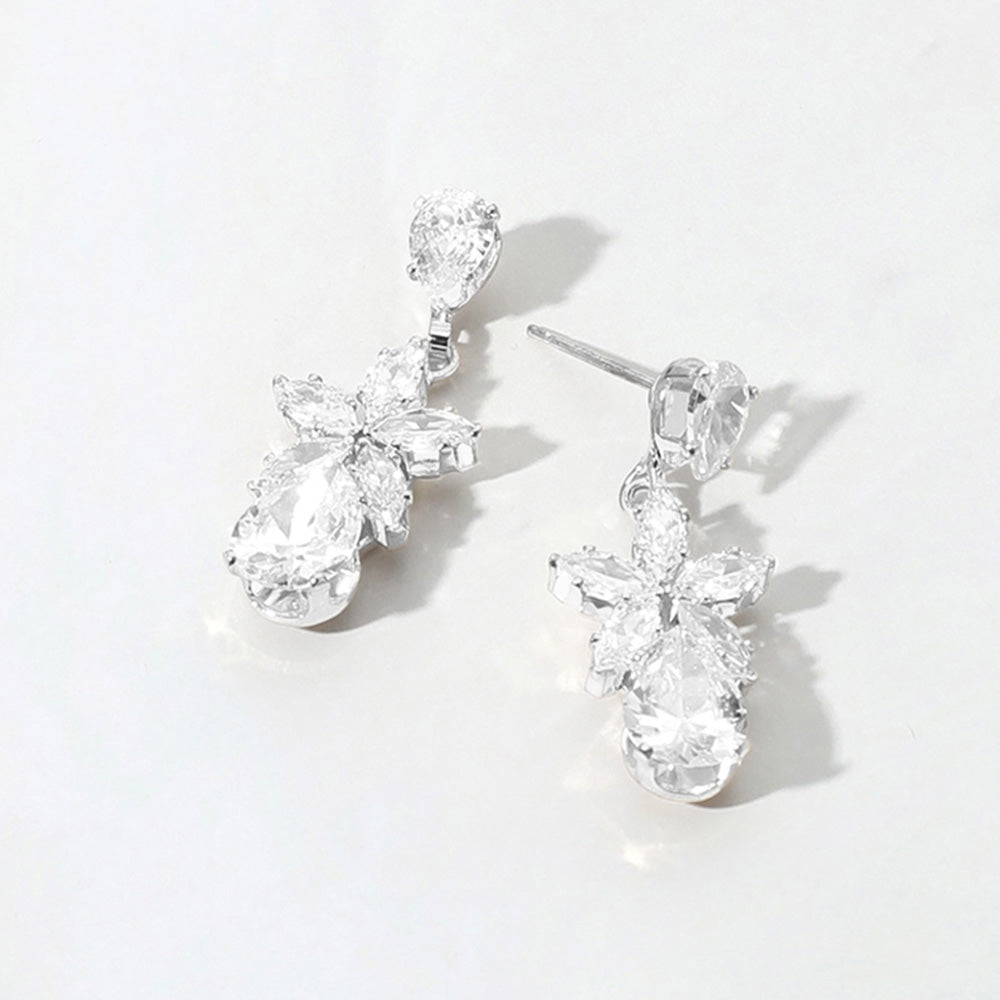 Madeline Love Clear, Silver Flower Teardrop CZ Stone Cluster Dangle Evening Earrings