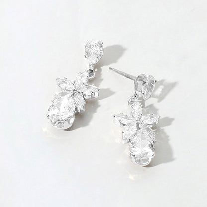 Madeline Love Clear, Silver Flower Teardrop CZ Stone Cluster Dangle Evening Earrings